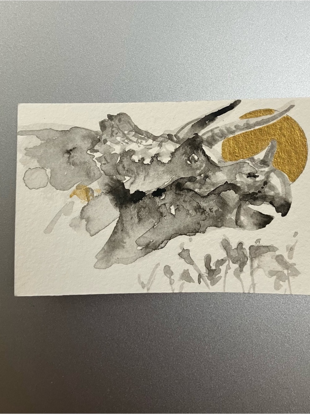 Original triceratops dinosaur miniature realism painting sumi-e style Artettina